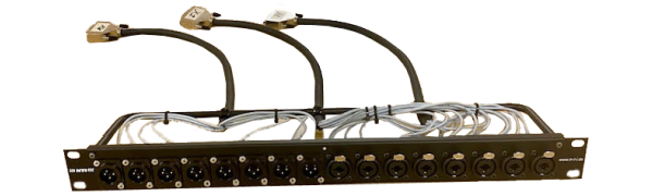 MTI 19''-1HE-Panel, 8x XLR-male 3p.- 8xXLR-Kombi-Bu./ 3xD-Sub 25p. male, 8Ch., 0,5 m