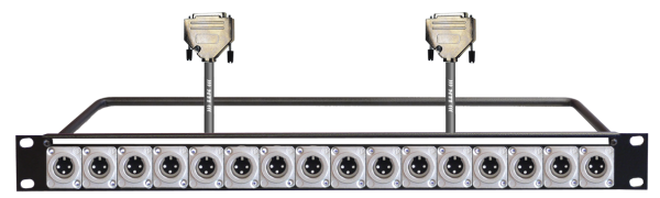 MTI 19''-1HE-Panel, 16x XLR-male 3p./2x D-Sub 25p. male, 2x 8Ch., 0,5 m