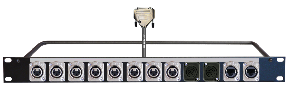 MTI 19''-1HE-Panel,8x XLR-fem.Einbbu.3p./Sub-D25p.male,2xDBA,2xNE8FDP, 1,0 m