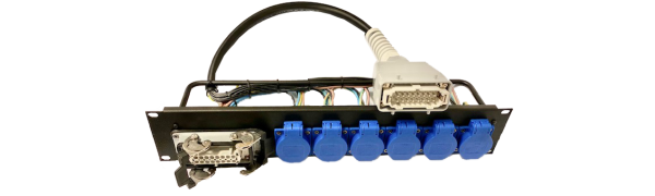 MTI-Prof. 19"-2HE Last-Panel, 6x Schuko Einbbu. 16E fem./16E male 13G2,5