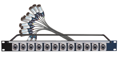 MTI 19''-1HE-Panel, 12x XLR-fem.Einbbu. 3p./12x XLR Stecker male 12Ch., 2,5 m