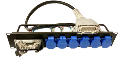 MTI-Prof. 19"-2HE Last-Panel, 6x Schuko Einbbu. 16E fem./16E male 13G2,5